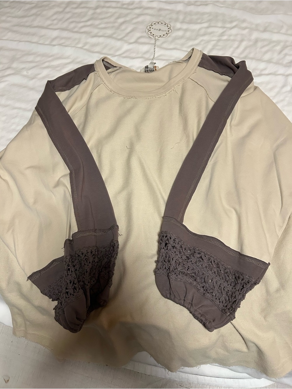 Umgee Two-Tone Crochet Cuff Long Sleeve Top in Cream and Brown